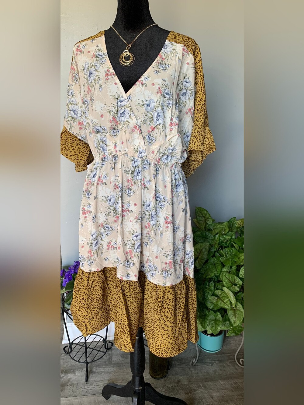Cream Floral and Gold Leopard Midi Dress with Elastic Waist